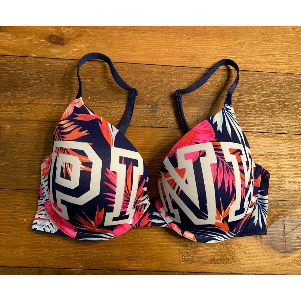 Victoria’s Secret PINK 32D wear everywhere push-up Bra Tropical graphic blue
